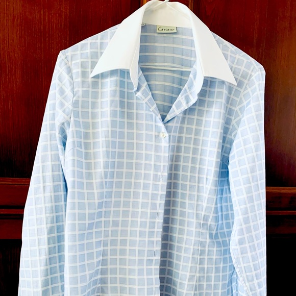 Blue & white check pattern button up cotton dress shirt white collar French cuff - Picture 2 of 16